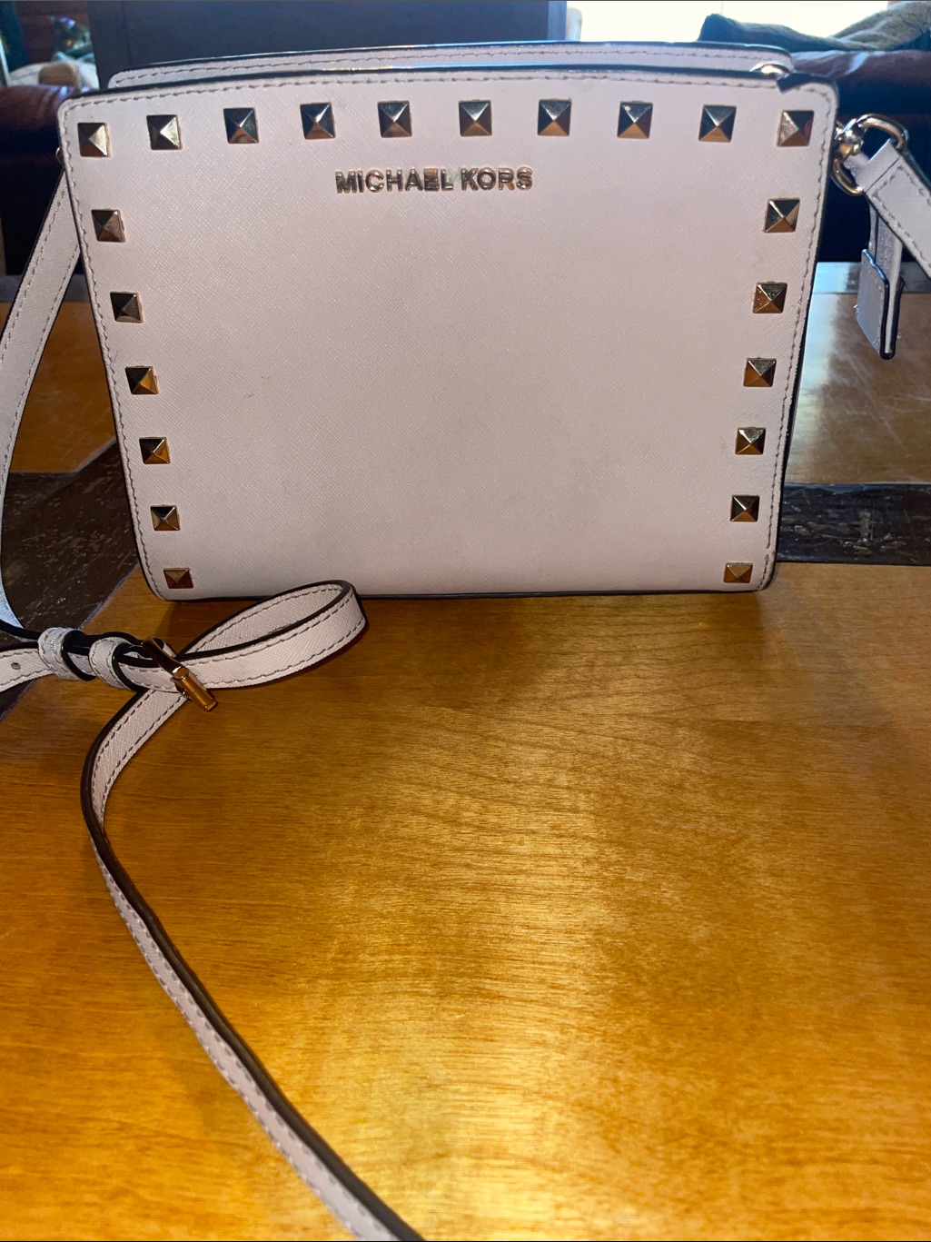 Michael Kors Mauve-Pink Studded Leather Crossbody With Gold Accents